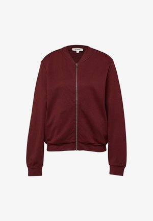 Burgunderfarbene Bomberjacke aus weichem Baumwollgemisch. Verfügt über einen Reißverschluss, gerippte Bündchen und einen runden Halsauschnitt. Glatte Textur und entspannte Passform.
