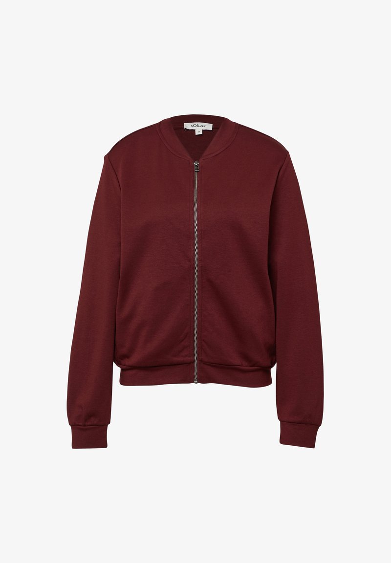 Veste bomber bordeaux en mélange de coton doux. Elle dispose d'une fermeture éclair à l'avant, de poignets côtelés et d'un col rond. Texture lisse et coupe décontractée.