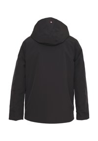 Giacca nera con cappuccio, realizzata in materiale impermeabile; presenta un design semplice, una texture liscia e un dettaglio con logo sulla parte posteriore.