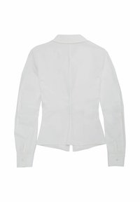 Weißes Langarmbluse mit strukturiertem Schnitt, klassischem Kragen und knöpfbaren Manschetten. Der Rücken hat eine zentrale Naht und dezente Formdetails.