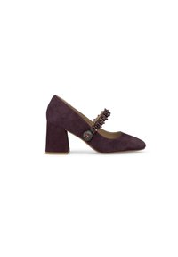 Scarpa in suede viola con tacco a blocco e punta quadrata, dotata di una fascia decorata sull'arco del piede e di un accento metallico decorativo.