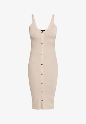 Beżowa dzianinowa sukienka midi z głębokim dekoltem w kształcie V, cienkimi ramiączkami i złotymi guzikami z przodu. Dopasowany krój o gładkiej fakturze.
