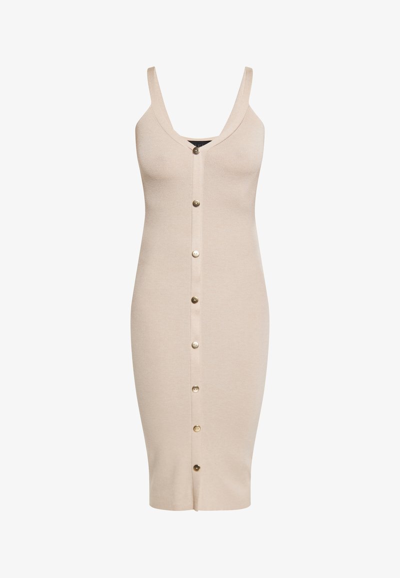 Kötött bézs midi ruha mély V-nyakkal, vékony pántokkal és aranyszínű elülső gombokkal. Feszes szabású, sima textúrával.