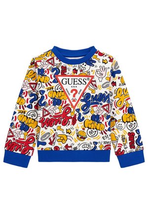 Sweatshirt med blå krave og ærmekanter, farverig graffiti-stil tekst og ikoner med en stor rød og hvid GUESS-logo trekant i midten.