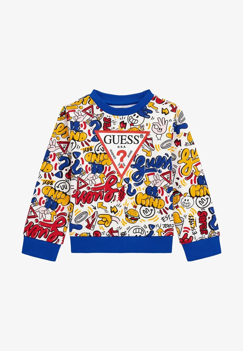 Sweat-shirt avec col et poignets bleus, texte et icônes colorés style graffiti, avec grand logo GUESS en triangle rouge et blanc au centre.