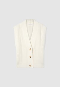 Canotta crema senza maniche con scollatura a V profonda, caratterizzata da una texture a coste e tre grandi bottoni beige sul davanti.