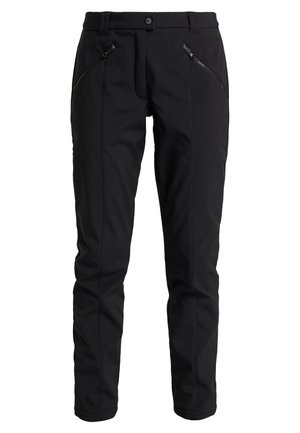 Schwarze Outdoor-Hosen aus flexiblem Material, mit schlanker Silhouette, Reißverschlusstaschen und einem Knopfverschluss an der Taille.