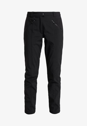 Black outdoor trousers made of flexible material, featuring a slim silhouette, zippered pockets, and a button closure at the waist.