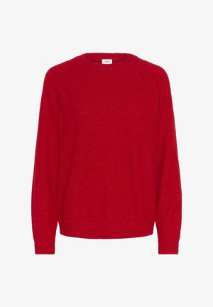 Pulover roșu tricotat cu decolteu rotund, mânici lungi și o textură moale. Se caracterizează printr-o croială puțin mai lejeră și manșete nervurate.