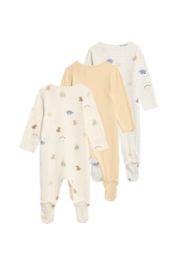 Tre babyrompers: en krämfärgad med dinosaurtryck, en enfärgad beige och en ljusblå rutmönstrad, alla med fötter och långa ärmar.
