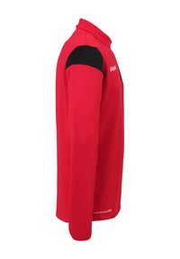 Rød lang�ærmet pullover med høj krave, sorte skulderdetaljer og et logo på brystet. Glat tekstur og athletic fit.