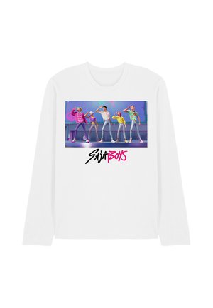 White long-sleeve shirt with five animated boys posing on stage above the text "Saja Boys" in black and pink script.