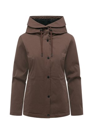 Veste à capuche marron avec boutons sur le devant et cordons réglables, manches longues et col doublé en polaire.