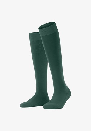Dunkelgrüne knielange Socken mit glatter Textur, gerippten Bündchen und verstärkten Zehen- und Fersenbereichen. Geeignet für verschiedene Anlässe.