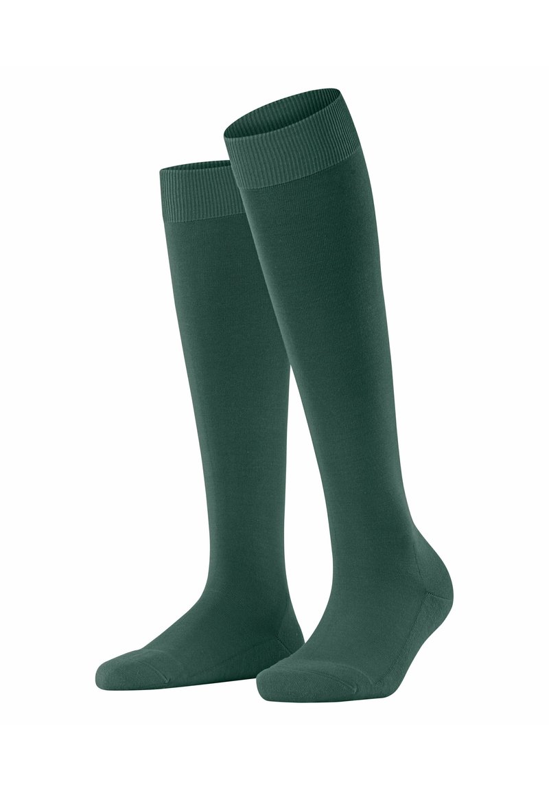 Calzini alti fino al ginocchio di un verde scuro con una texture liscia, polsini a costine e aree rinforzate nella punta e nel tallone. Adatti a varie occasioni.
