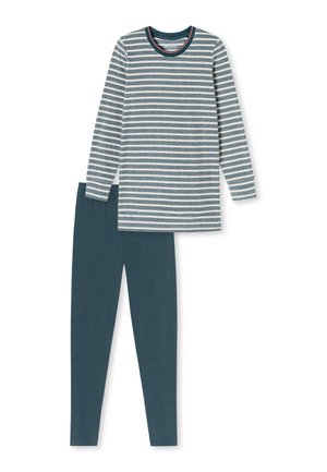 Two-piece sleepwear set featuring a long-sleeve, navy and white striped top and solid navy leggings. Made from soft, breathable fabric.