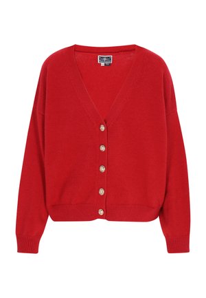 Červený pletený kardigan s výstřihem do V, se šesti zlatými knoflíky vpředu a žebrovými manžetami a lemem. Měkká textura, volný střih.