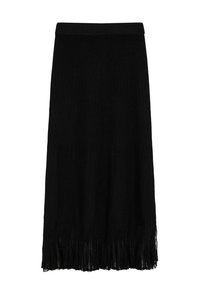 Falda negra plisada con textura acanalada. Cuenta con una cintura ajustada y un dobladillo con flecos, creando una silueta relajada.