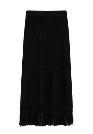 Falda negra plisada con textura acanalada. Cuenta con una cintura ajustada y un dobladillo con flecos, creando una silueta relajada.