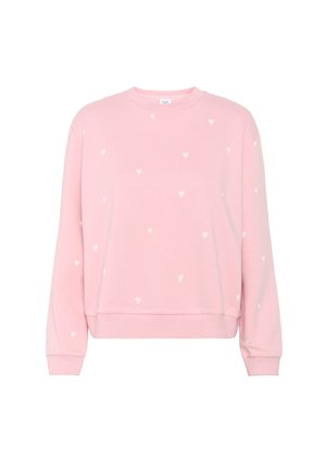 Rosa sweatshirt med rund hals, prydd med små vita hjärtmönster, ribbade ärmslut och en avslappnad passform i nederkant.