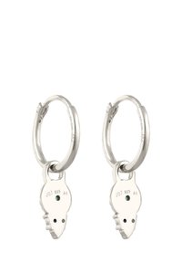 Boucles d'oreilles en argent sterling en forme de créoles, avec un pendentif en forme de clé. Présente une finition polie et de petits détails noirs et verts.