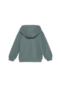 Bluza z kapturem w stonowanej zieleni, wykonana z miękkiego materiału. Posiada ściągacze przy mankietach i u dołu, z prostym tyłem i minimalnymi detalami.