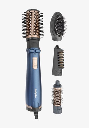 Spazzola elettrica per acconciatura con manico blu e tre accessori per spazzola neri e ramati staccabili di varie forme e design delle setole.