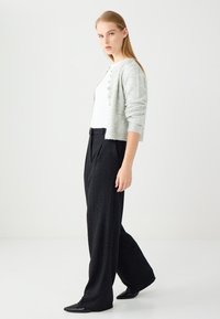 Femme debout, portant un cardigan court gris clair, un haut blanc, un pantalon large noir et des chaussures pointues noires sur un fond blanc uni.