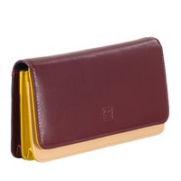 Burgundy leather wallet with smooth texture, featuring yellow and beige accents. Closure flaps with embossed logo on the front.
