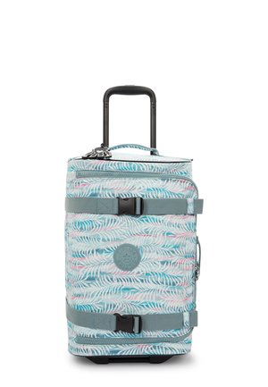 Rolling suitcase with a tropical leaf pattern in light blue and pink. Features include a telescoping handle, side buckles, and durable fabric.