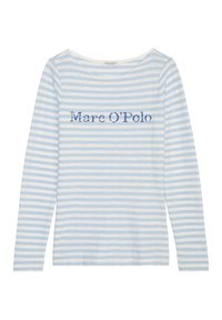 Pitkähihaisen raidallisen paidan vaaleansininen ja valkoinen väri, jonka kaulus on venepäinen ja rinnassa lukee "Marc O'Polo" sinisellä.