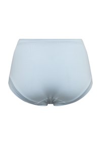 Lyseblå højtaljede trusser lavet af blødt stof, med en glat tekstur, elastisk elastik i taljen og et enkelt design uden udsmykninger.