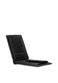 Portafoglio in pelle nera con design a pieghe, dotato di più scomparti per carte, una texture liscia e dettagli di cucitura lungo i bordi.