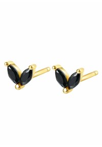 Pendientes de aro en tono dorado que presentan dos piedras preciosas en corte marquesa de color negro, con acentos de metal liso y un acabado pulido.