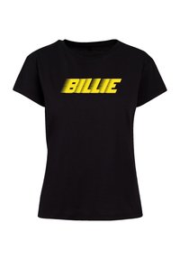 Black cotton t-shirt featuring a bold yellow graphic reading "BILLIE" with a motion effect, short sleeves, and a crew neckline.