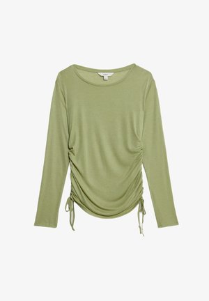 Langearm shirt met ronde hals in lichtgroen. Kenmerkt zich door geplooide zijnaad met verstelbare strikjes, gemaakt van zachte, gladde stof.