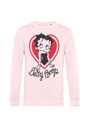 Jasnoróżowa koszula z długim rękawem z czarno-białą postacią Betty Boop na tle czerwonego serca oraz napisem „Betty Boop” poniżej.