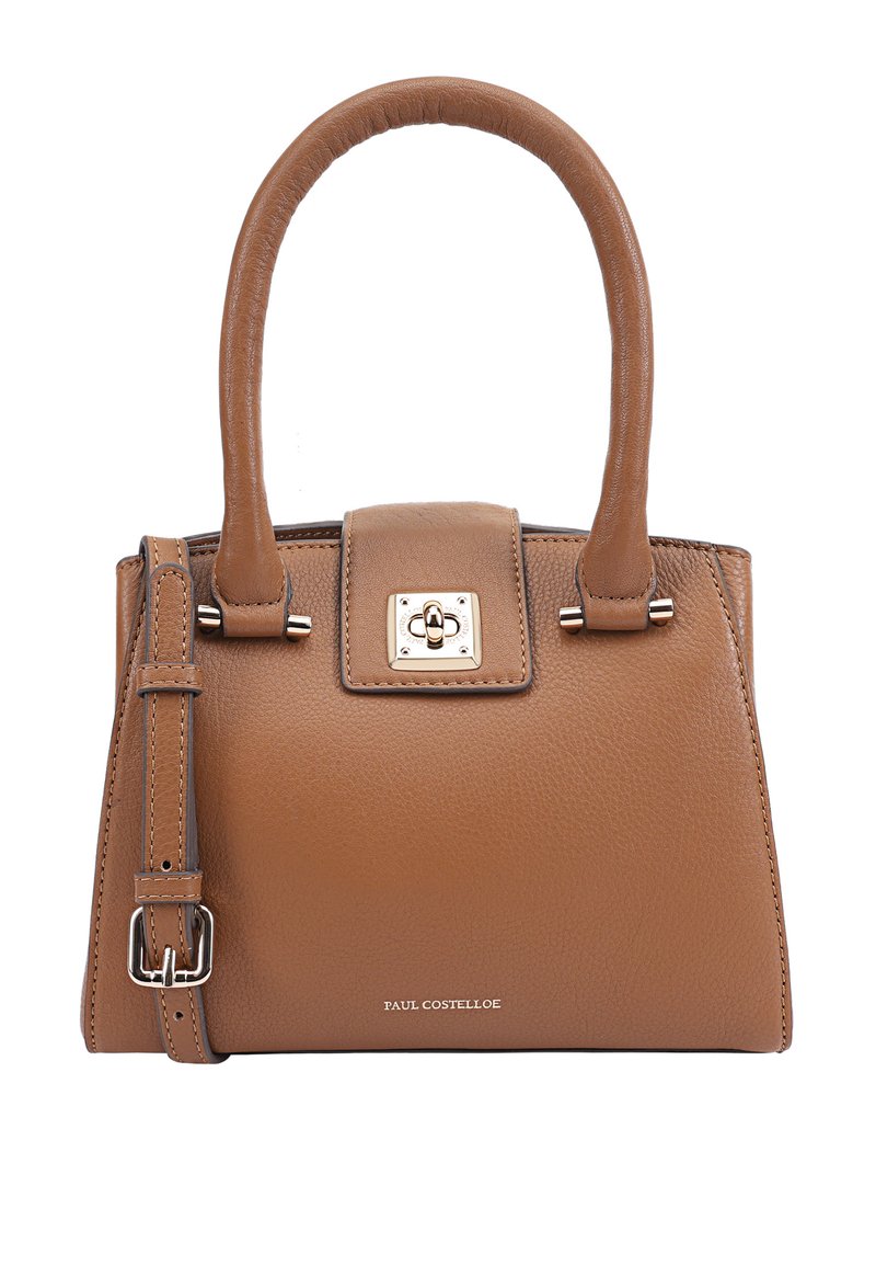 Sac à main en cuir marron avec un design structuré, des poignées courtes, une bandoulière amovible et des accents en métal argenté. Logo de la marque affiché à l'avant.