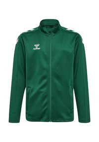 Green zip-up jacket made of soft fabric, featuring two side pockets, high collar, and white accents on shoulders. Logo on chest.