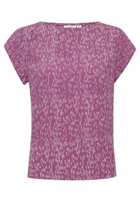 Haut à manches courtes de couleur mauve avec un motif abstrait texturé en blanc et bleu. Tissu lisse, encolure ronde, coupe décontractée.