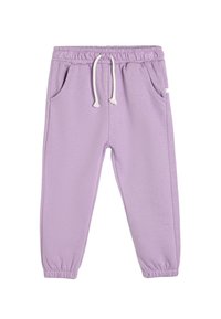 Pantalones de chándal morados de tela suave, con una cintura elástica y cordón ajustable, dos bolsillos laterales y puños elásticos en los tobillos.
