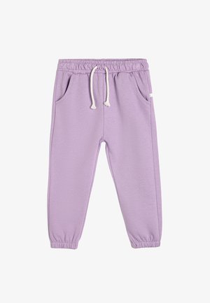 Paarse joggingbroek van zacht materiaal, met een elastische tailleband met een trekkoord, twee zijzakken en elastische boorden bij de enkels.