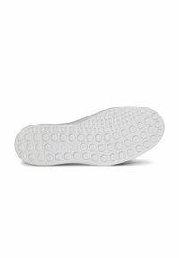 Suola di scarpa bianca in gomma con un motivo di punti circolari in rilievo, forma leggermente curvata e logo del marchio impresso vicino al tallone.