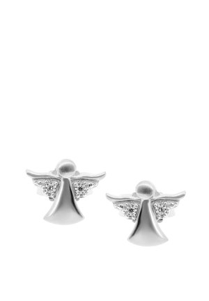 Silver angel-shaped stud earrings with smooth bodies and wings decorated with small crystals.