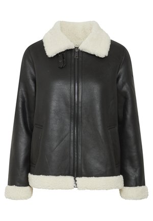 Melnas ādas jaka ar krēmkrāsas mākslīgo vilnu apkakli un aprocēm, ar rāvējslēdzēju un sānu kabatām, ar gludu apdari un brīvu piegriezumu.