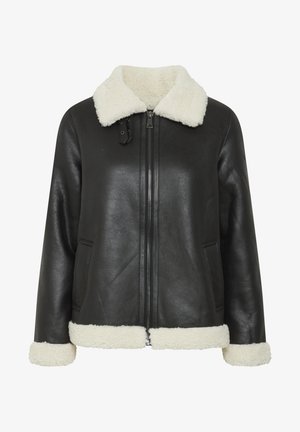 Juodas odinis švarkas su grietinėlės spalvos dirbtiniu avikailiu ant apykaklės ir rankogalių, užtrauktuku užsegamas, su šoninėmis kišenėmis, pasižymintis lygia apdaila ir laisvu siluetu.