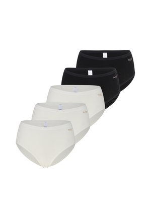Set van vijf dames slips met hoge taille, drie witte en twee zwarte, afwisselend gerangschikt op een witte achtergrond.