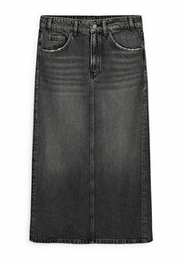 Jupe midi en denim noir au design droit, avec poches avant et un léger délavage. Dispose d'une fermeture à boutons et à glissière à la taille.