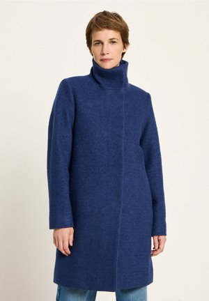 Marineblaues Wollmäntel mit hohem Kragen, geradem Schnitt und langen Ärmeln. Verfügt über ein einfaches Design und eine strukturierte Optik.
