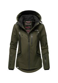Olive green softshell jacket with hood, front and chest waterproof zippers, adjustable drawstrings, and "Marikoo Mountain" branding.